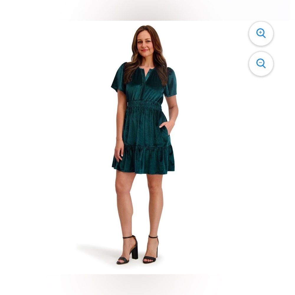 French Connection Teal Velvet Smocked Mini Dress